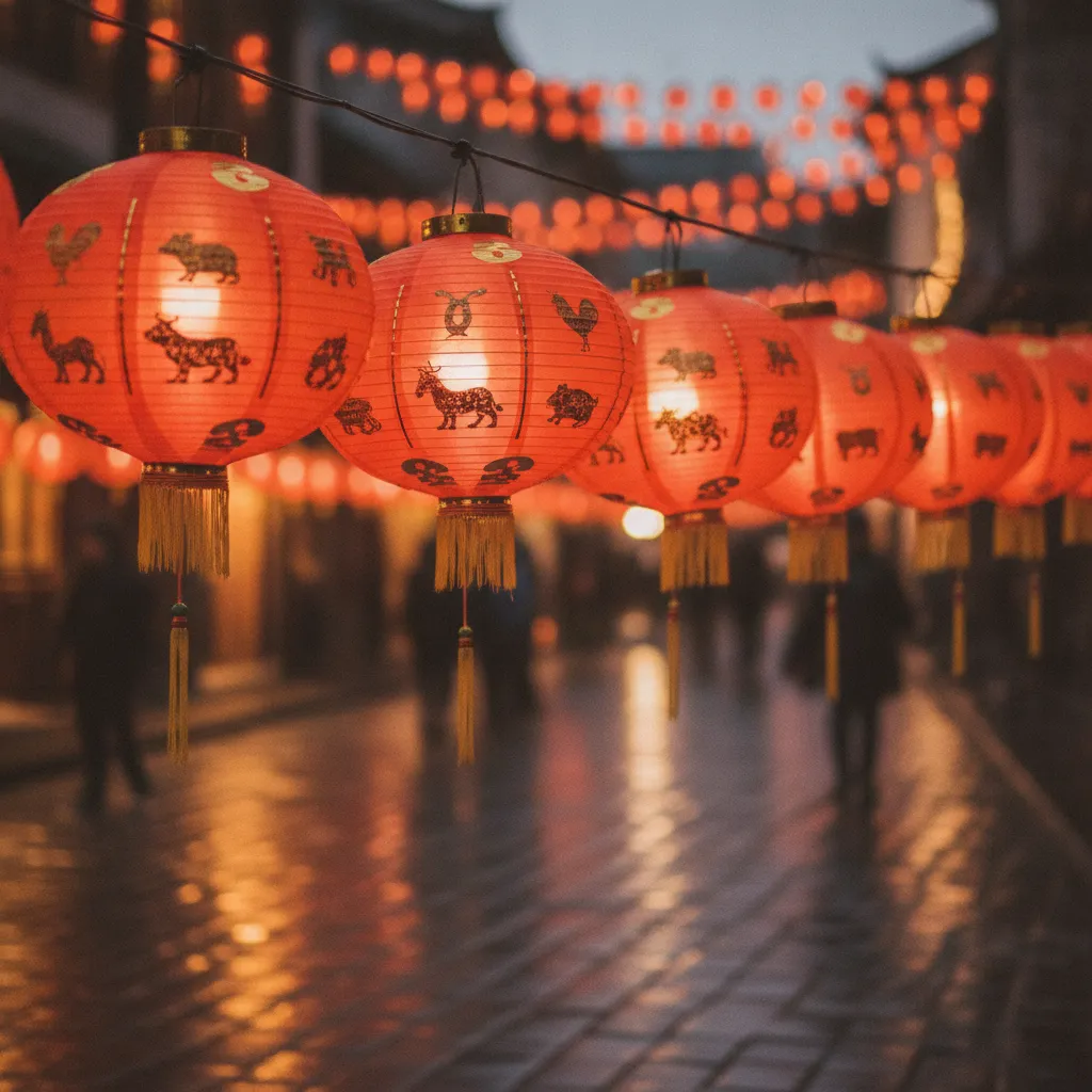 Lanternes chinoises ornées des silhouettes des animaux du zodiaque