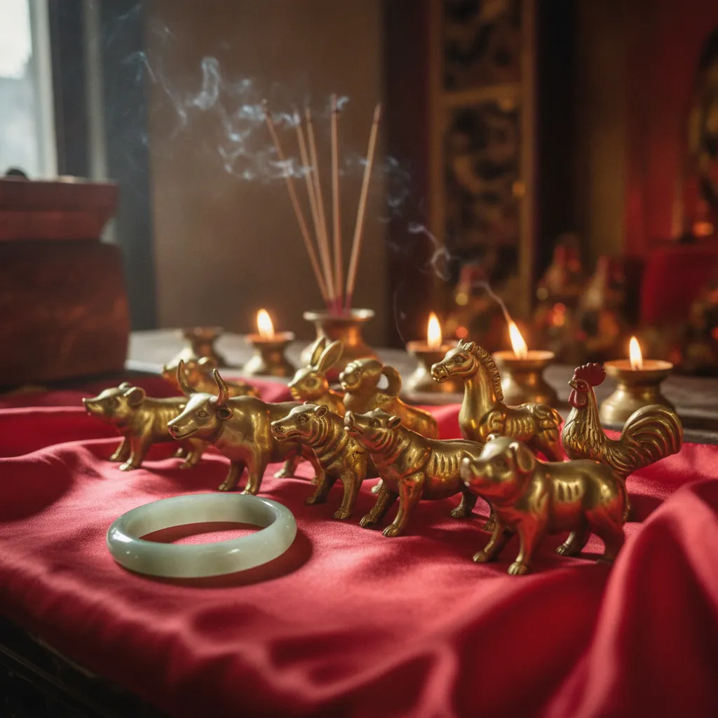 Figurines dorées des douze signes du zodiaque chinois sur un autel traditionnel