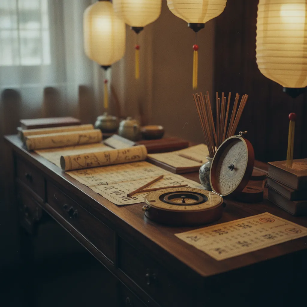 Les instruments traditionnels de l'astrologue chinois : cartes, bâtonnets de bambou et boussole Luopan