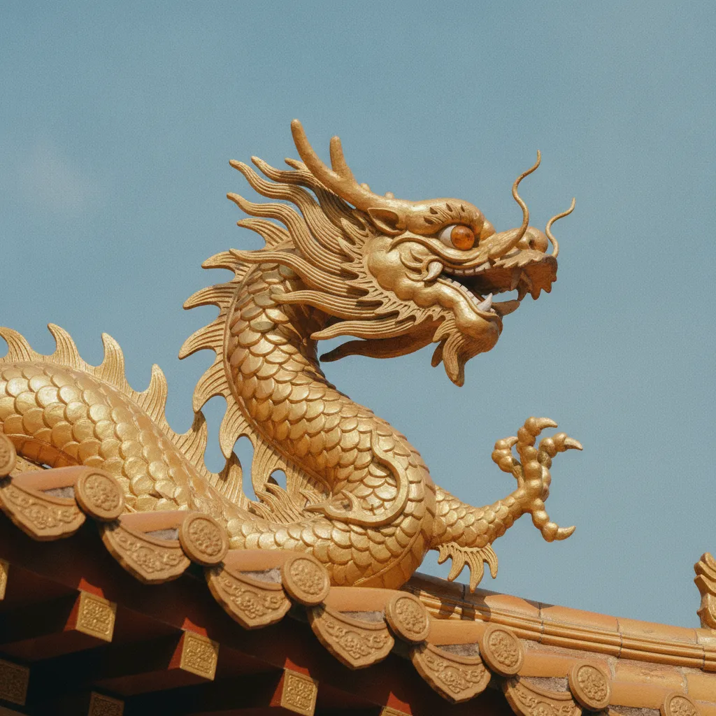 Sculpture dorée d'un dragon sur le toit d'un temple chinois, symbole du signe le plus puissant du zodiaque