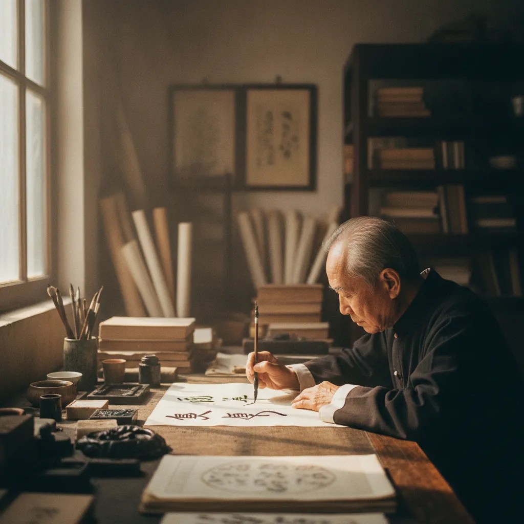 Calligraphe chinois rédigeant des prédictions astrologiques traditionnelles à l'encre de Chine