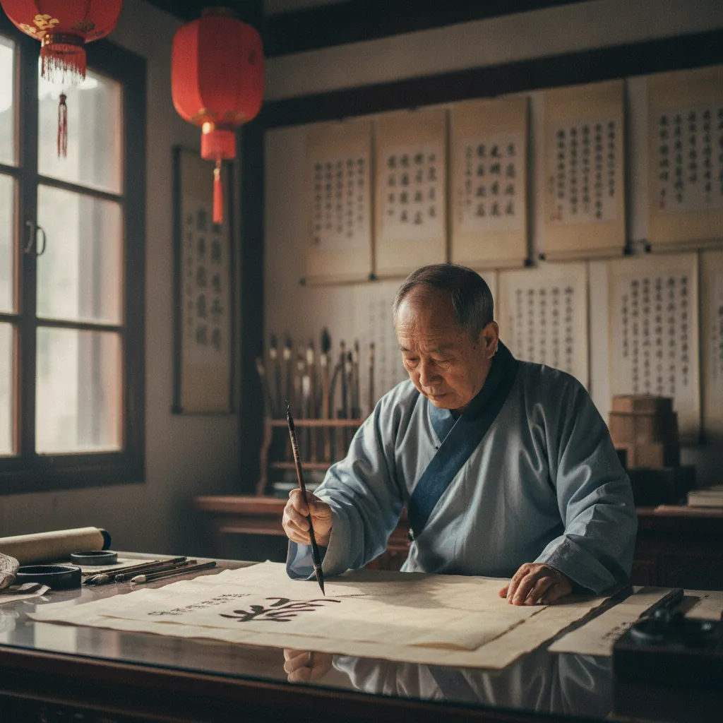 Un maître calligraphe chinois rédigeant des prévisions astrologiques à l'encre traditionnelle