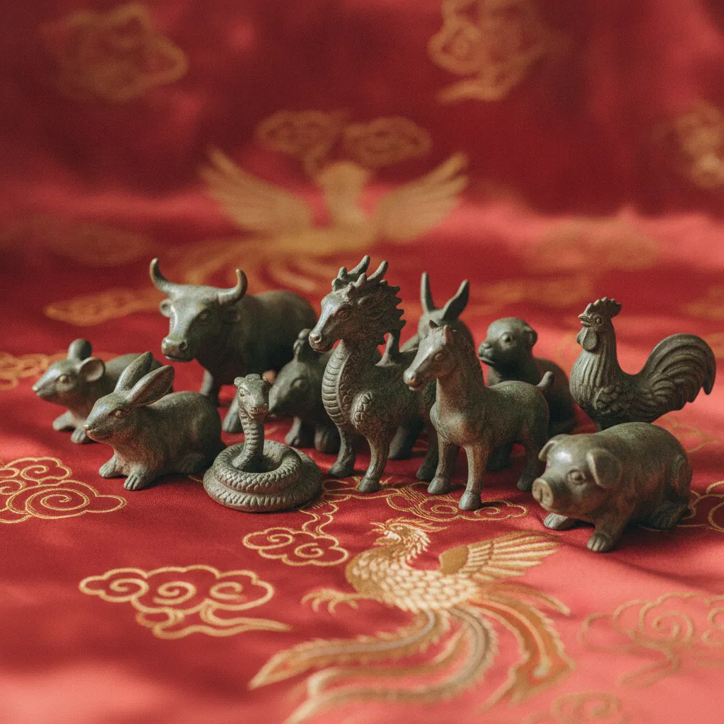 Les douze figurines en bronze des animaux du zodiaque chinois disposées sur un tissu de soie rouge
