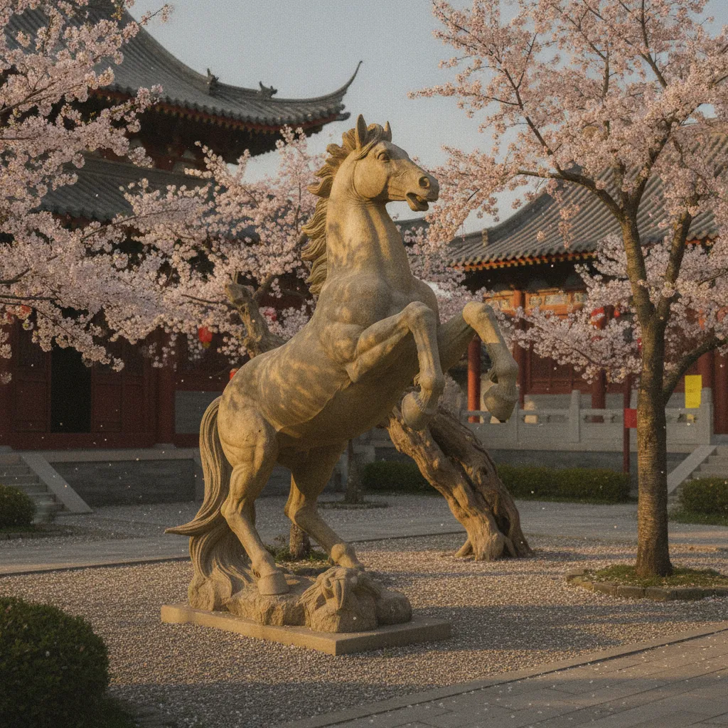 Sculpture majestueuse du Cheval dans un jardin de temple chinois, signe phare de l'année 2026