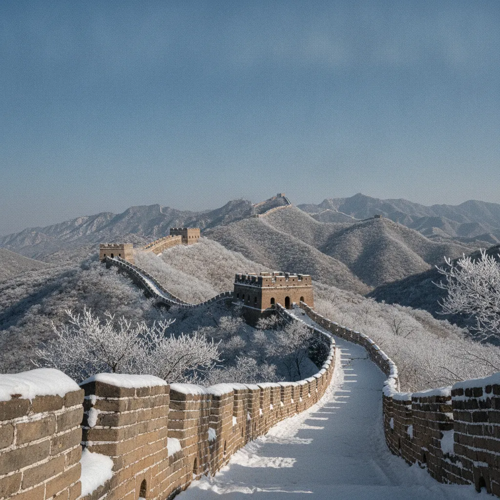 La Muraille de Chine sous la neige hivernale offre un spectacle majestueux