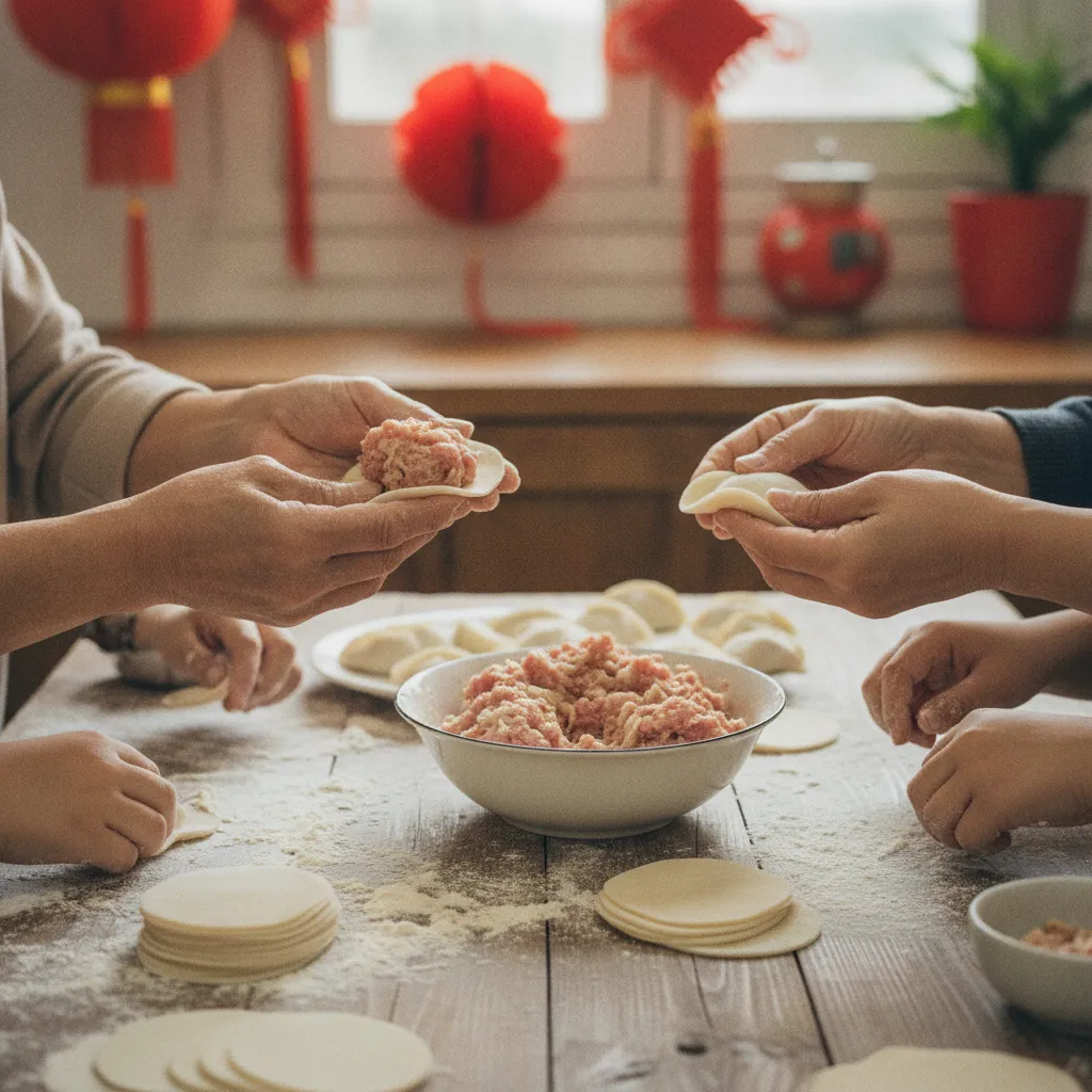 Préparation familiale des jiǎozi, rituel incontournable du réveillon chinois