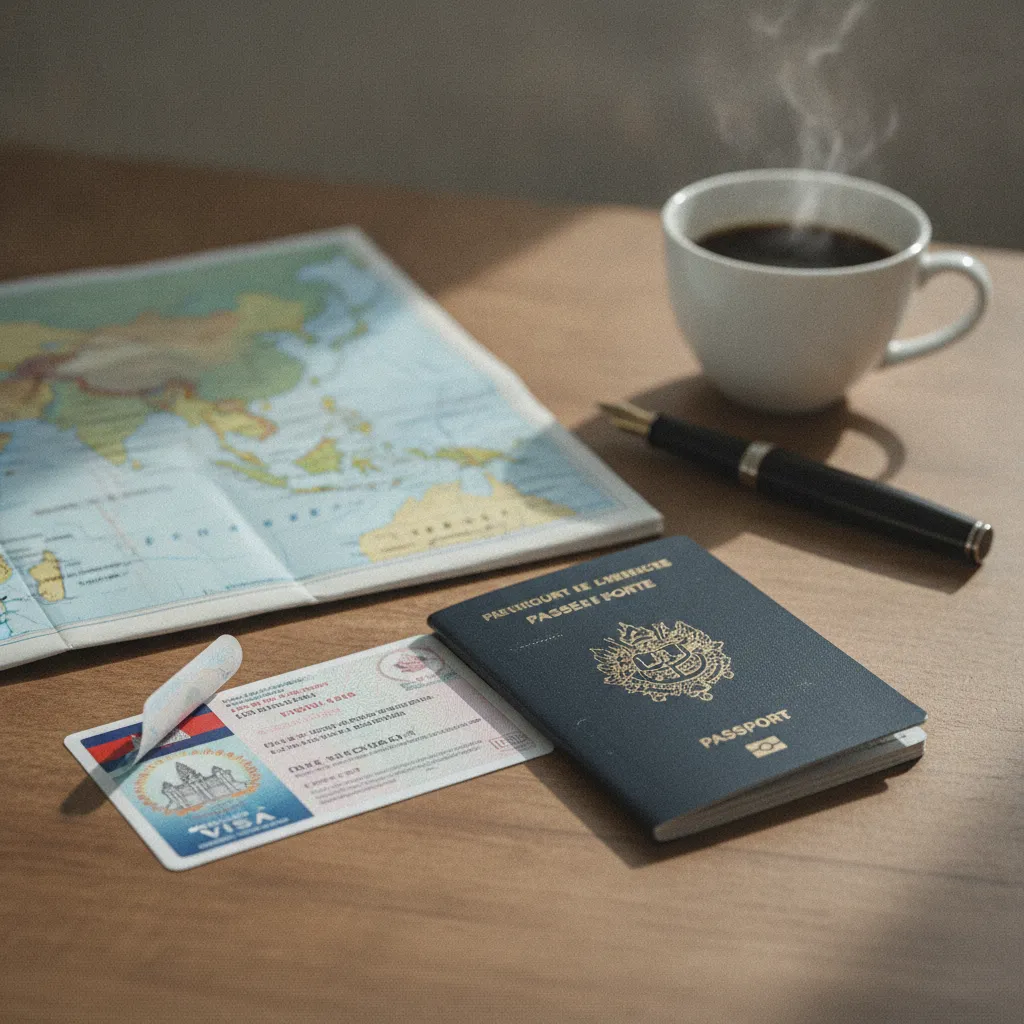 Passeport français et visa cambodgien prêts pour le voyage