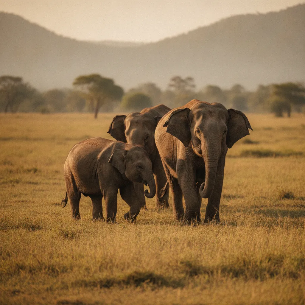 Famille d'éléphants sauvages observée lors d'un safari au parc national d'Udawalawe