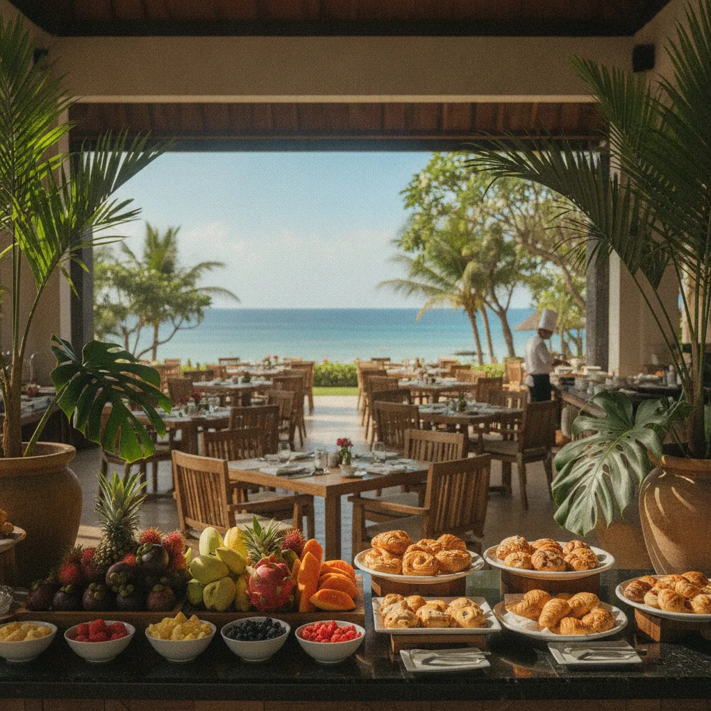 Petit-déjeuner buffet dans un resort all inclusive balinais face à l'océan