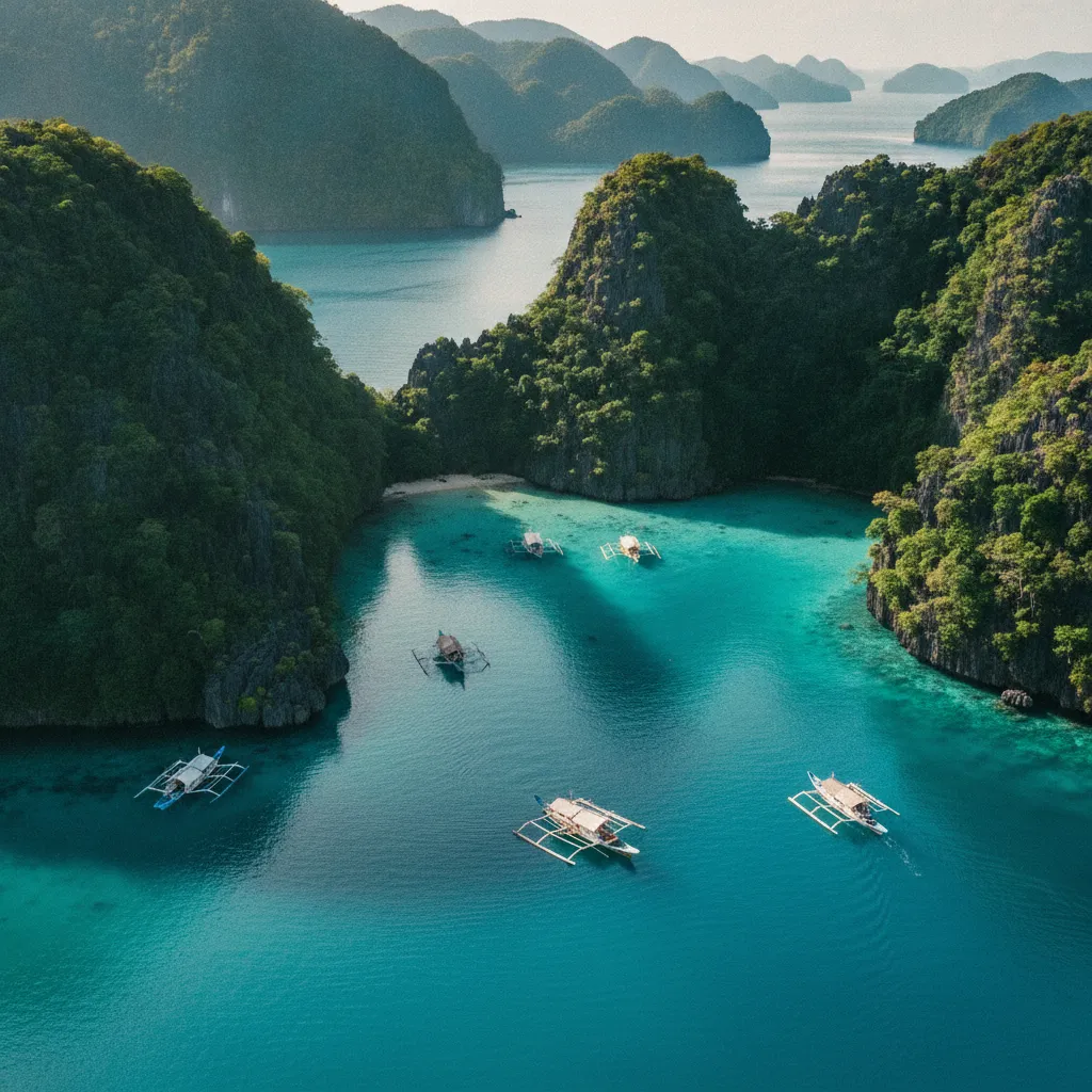 Vue aérienne d'un lagon de Palawan entouré de formations karstiques verdoyantes