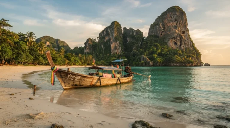 Bateau longtail devant les falaises calcaires du Sud de la Thaïlande, étape incontournable d'un circuit de deux semaines